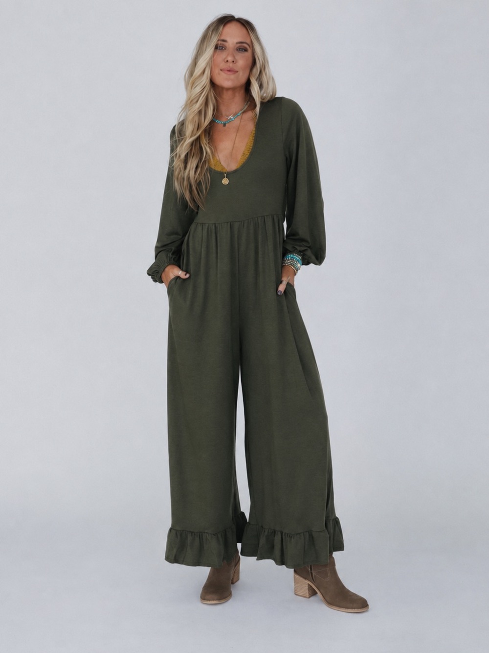 Three Bird Nest Best Intentions Long Sleeve Jumpsuit Open Back Ruffle Hem